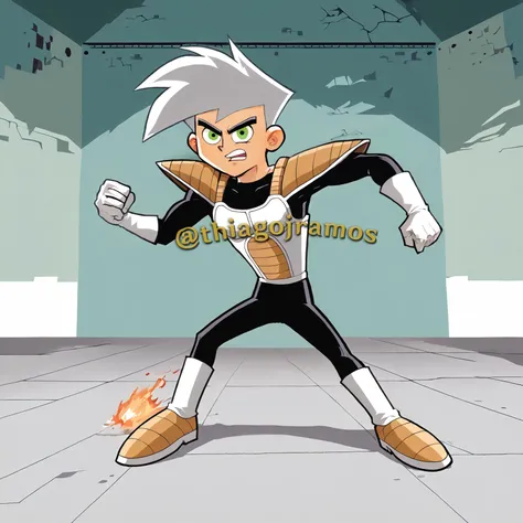 score_9, score_8_up, score_7_up, source_cartoon, fulll body, DannyPhantom, white saiyanarmor, shoulder pads, black bodysuit, black leotard, black saiyanarmor, shoulder strap, white gloves, punch, looking at viewer, school in background, <lora:SaiyanArmorPony:0.8>, <lora:DannyPhantom:0.9>