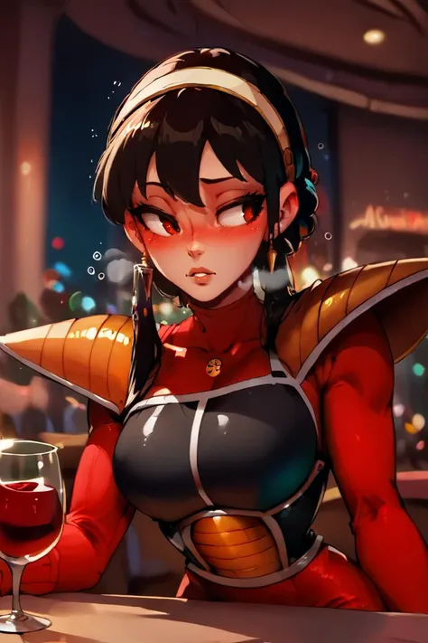 rating_safe, upper body, pov, score_9,  score_8_up, score_7_up, score_6_up, source_anime, yor briar, black saiyan armor, shoulder pads, red bodysuit, looking to the side, parted lips, breath, casino, leaning forward, drunk, blush, bokeh, wine, alcohol, drinking glass, large breasts
 <lora:SaiyanArmorPony:1>
<lora:pony_style_xl.Raichiyo33_Style:0.8>