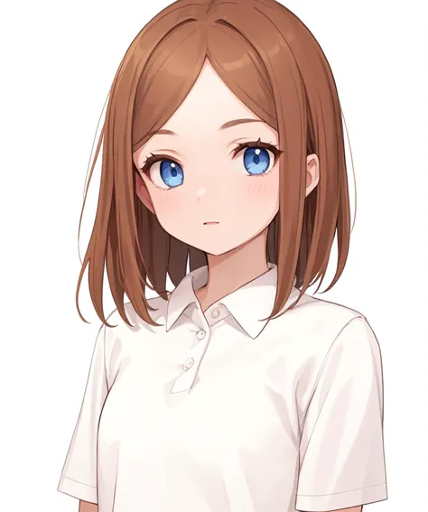 best quality, 1girl, collared shirt, short sleeves,  upper body, medium hair, brown hair, 
solo, parted bangs, blue eyes, white background, simple background, arms at sides, white shirt polo
<lora:partedbangs:1.5>