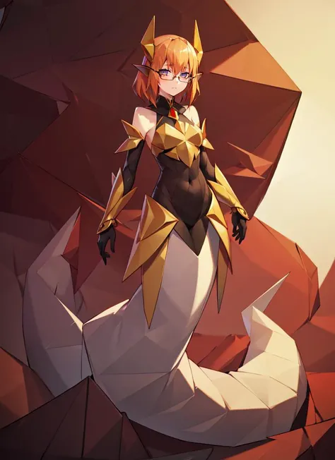 ((best quality)), ((highly detailed)), masterpiece, absurdres, (detailed eyes, deep eyes), <lora:more_details:.2>, (1girl), (glasses), dynamic pose, full body, <lora:aiomonstergirls_loraLocon:.1>, <lora:animeLamia_v10:1>, (lamia), scales, tail, merged at waist, standing, (gold_(material) colored hair), <lora:slit-pupils:1>, snake eyes, (outside, in a house, twilight, shooting star), <lora:paperart_last:2.5>