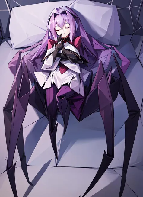 ((best quality)), ((highly detailed)), masterpiece, absurdres, (detailed eyes, deep eyes), (1girl), Perspective distortion, full body, <lora:aiomonstergirls_loraLocon:.1>, <lora:animeArachne_v10:1>, (arachne), arthropod limbs, spider, extra eyes, giant spiderwebs, straight hair, blunt hair, silky hair, violet hair, (inside, in a bedroom, on bed, pillow, lying, on back, ((sleeping)), ((both eyes closed)), <lora:pillow_v2:.9>, pillow hug, holding pillow, large pillow), <lora:paperart_last:2.25>