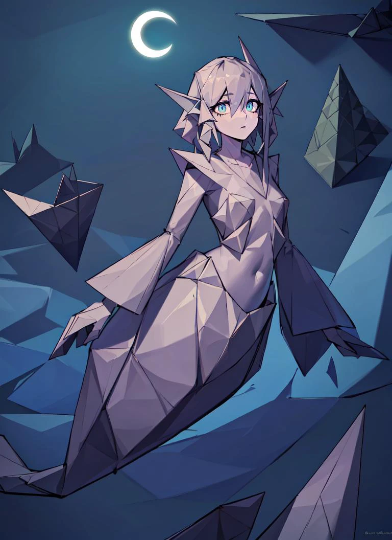 ((best quality)), ((highly detailed)), masterpiece, absurdres, extremely detailed face, beautiful face, (detailed eyes, deep eyes), (1girl), upper body, <lora:aiomonstergirls_loraLocon:.7>, <lora:animeMermaid_v10:1>, (mermaid), fins, (outside, in a desert, cacti, pyramid, midnight, night sky, stars, broken moon, shooting star), <lora:paperart_last:2.75>