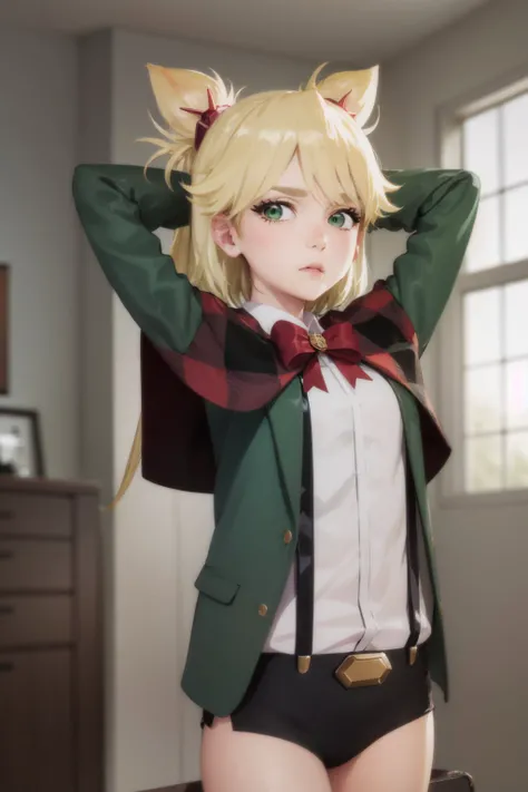(masterpiece, best quality:1.2), <lora:burnthewitch_spangcole-10:1>, cowboy shot, solo, 1girl, ninny spangcole, expressionless, looking at viewer, arms behind head, twintails, hair ornament, green jacket, long sleeves, white shirt, red bow, suspenders, capelet, black shorts