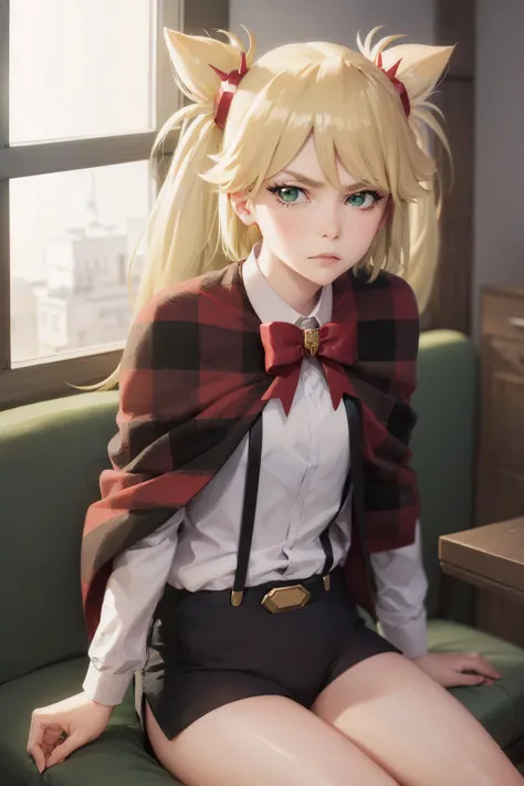 (masterpiece, best quality:1.2), <lora:burnthewitch_spangcole-10:1>, solo, 1girl, ninny spangcole, unamused, closed mouth, looking at viewer, sitting in a chair, twintails, hair ornament, jacket, long sleeves, shirt, red bow, suspenders, capelet, black shorts