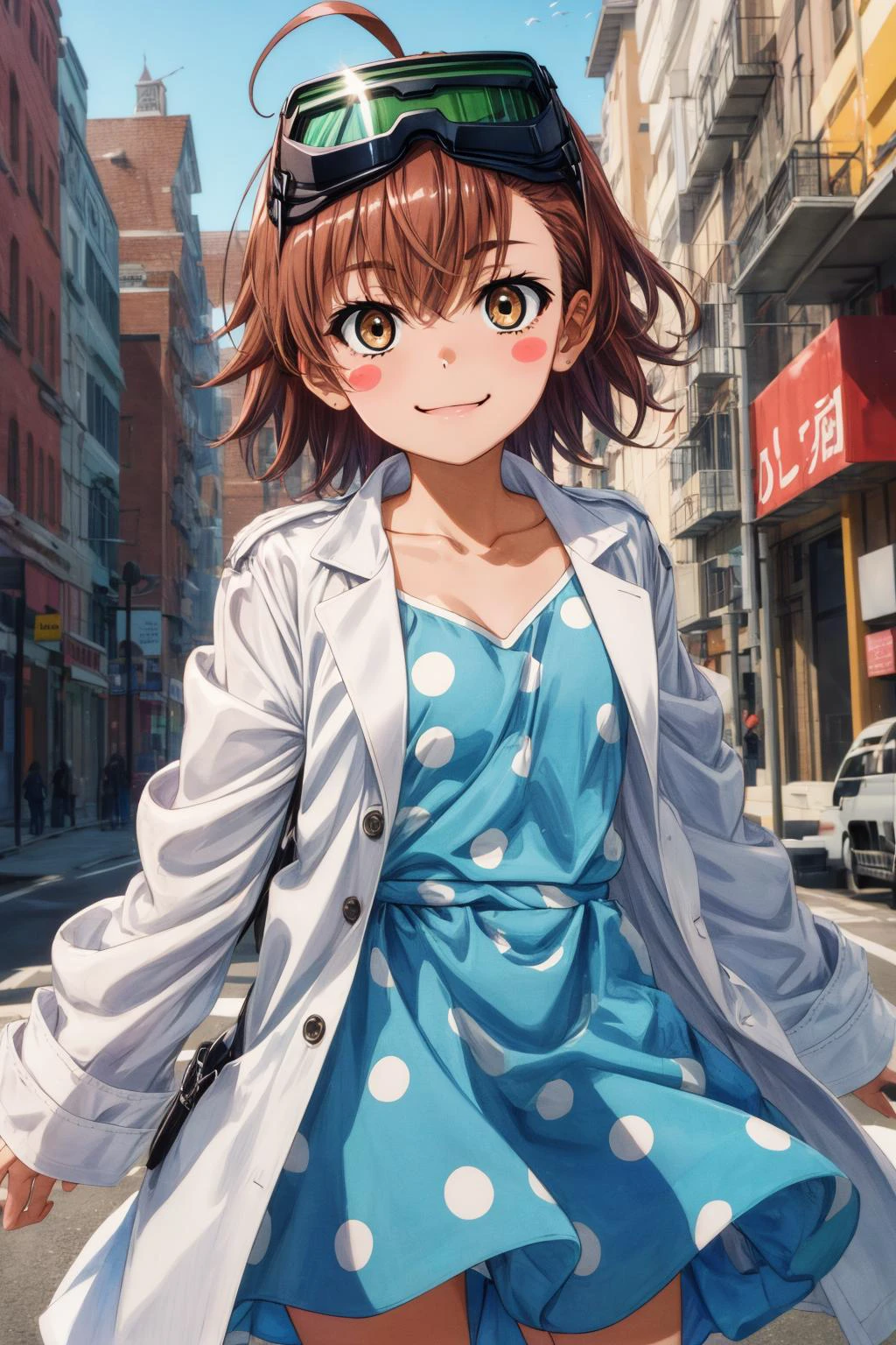 (masterpiece), best quality, (((ultra detailed, 8k quality))), expressive eyes, perfect face, perfect anatomy, perfect body, scene, <lora:scene_:0.7>, <lora:more_details:0.4>, <lora:beautiful_detailed_eyes:0.5>, <lora:GoodHands-beta2:0.7>, <lora:give_it_a_name:0.7>,aalo, solo, short hair, ahoge, goggles on head, blush stickers, collarbone, polka dot dress, blue dress, labcoat, white coat, long sleeves, <lora:last_order_v1:0.7>, standing, cowboy shot, outdoors, smile