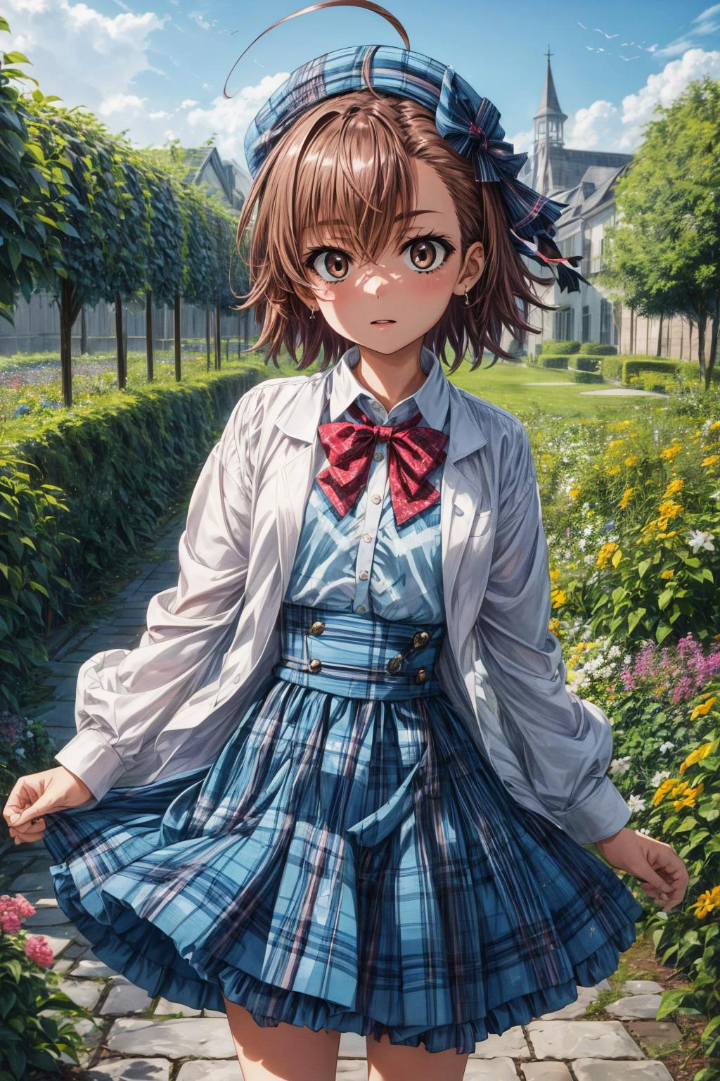 (masterpiece), best quality, (((ultra detailed, 8k quality))), expressive eyes, perfect face, perfect anatomy, perfect body, scene, <lora:scene_:0.7>, <lora:more_details:0.7>, <lora:beautiful_detailed_eyes:0.5>, <lora:GoodHands-beta2:0.7>, aalo, short hair, ahoge, <lora:last_order_v1:0.7>, standing, garden, hair ribbon, blue headwear, red bowtie, center frills, frilled shirt, white shirt, pink cardigan, long sleeves, high-waist skirt, blue skirt, plaid skirt