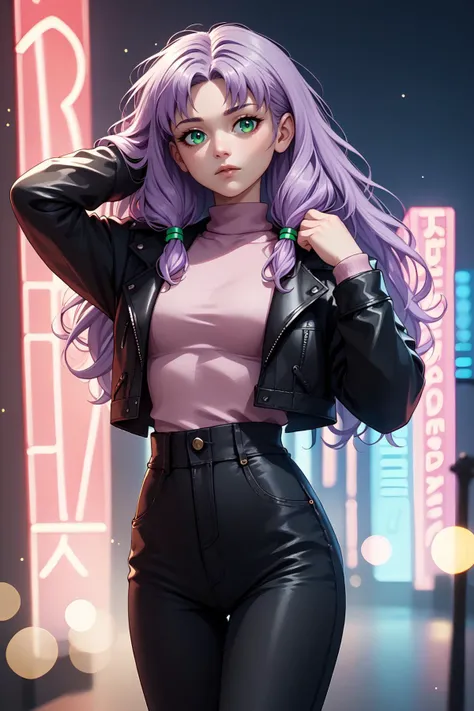 score_9, score_8_up, score_7_up BREAK 1girl, solo, <lora:NSFlorinaFE7:1> NSFlorinaMisc, light purple hair, long hair, parted bangs, low-tied sidelocks, bokeh, neon lights, black hair, multicolored hair, leather jacket, black jacket, pink turtleneck, high waist pants, black pants, green eyes