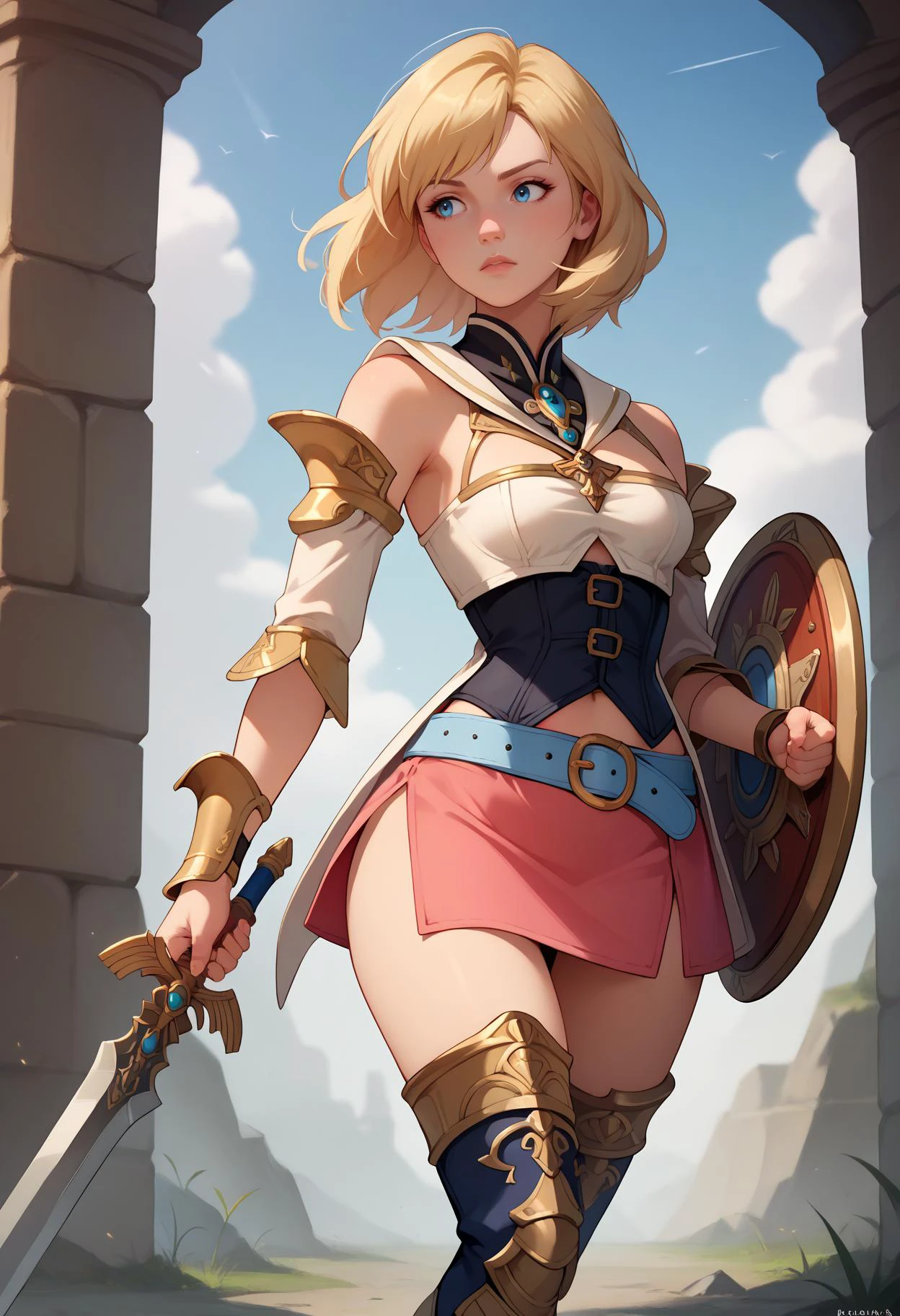 score_9, score_8_up, score_7_up, <lora:ChamAsheliaPonyXL:0.8> Ashelia, medium hair, blonde hair, blue eyes, detached collar, brooch, white shirt, cleavage, midriff, detached sleeves, bracer, black corset, pink skirt, microskirt, pink skirt, blue belt, thigh boots <lora:UBW_XLPD:0.8> Unlimited Blade Works, Shield, Sword, holding weapon, holding, weapon