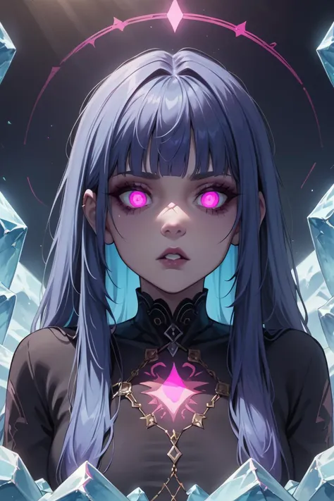 Close-up of an ethereal, pale-skinned young woman with long, straight, ice-blue hair and bangs covering her forehead. Her eyes are glowing magenta with dark, thin tears streaming down her cheeks, creating a ghostly, unsettling effect. She wears a high-neck, intricate, gothic-style black garment adorned with subtle chains, giving her a mysterious, dark allure. The background is an intense, radial pattern of magenta and deep purple rays emanating from behind her, adding a surreal and hypnotic feel. Her expression is blank, with slightly parted lips, enhancing the haunting, almost otherworldly aura. <lora:FluxMythP0rtr4itStyle:0.8> MythP0rt, <lora:aidmaMJ6.1-FLUX-V0.2:0.6> aidmaMJ6.1, <lora:sxz-Dark-Fantasy-v2-Flux:0.66> drkfnts style,, score_9, score_8_up, score_7_up, score_6_up, score_5_up, score_4_up