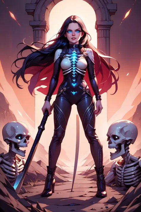 1woman, necromancer, holding a scythe, petite, medium breasts, dark hair, long hair, glowing blue eyes, <lora:1917 skeleton jumpsuit_v1_pony:1> ruanyi1917, bodysuit, skeleton, ribs, standing on a mound of skulls,, score_9, score_8_up, score_7_up, score_6_up, score_5_up, score_4_up, <lora:040790P:0.6> 040790P, woman, 24 years old,