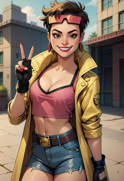 score_9, score_8_up, score_7_up, BREAK 1girl, solo, looking at viewer, clamJBLee97, cJsunglasses, yellow coat, black fingerless gloves, pink shirt, crop top, cleavage, jean shorts, belt, earrings, lipstick, painted fingernails, V, grin <lora:clamJubilee_xmen97PDXL:0.6>