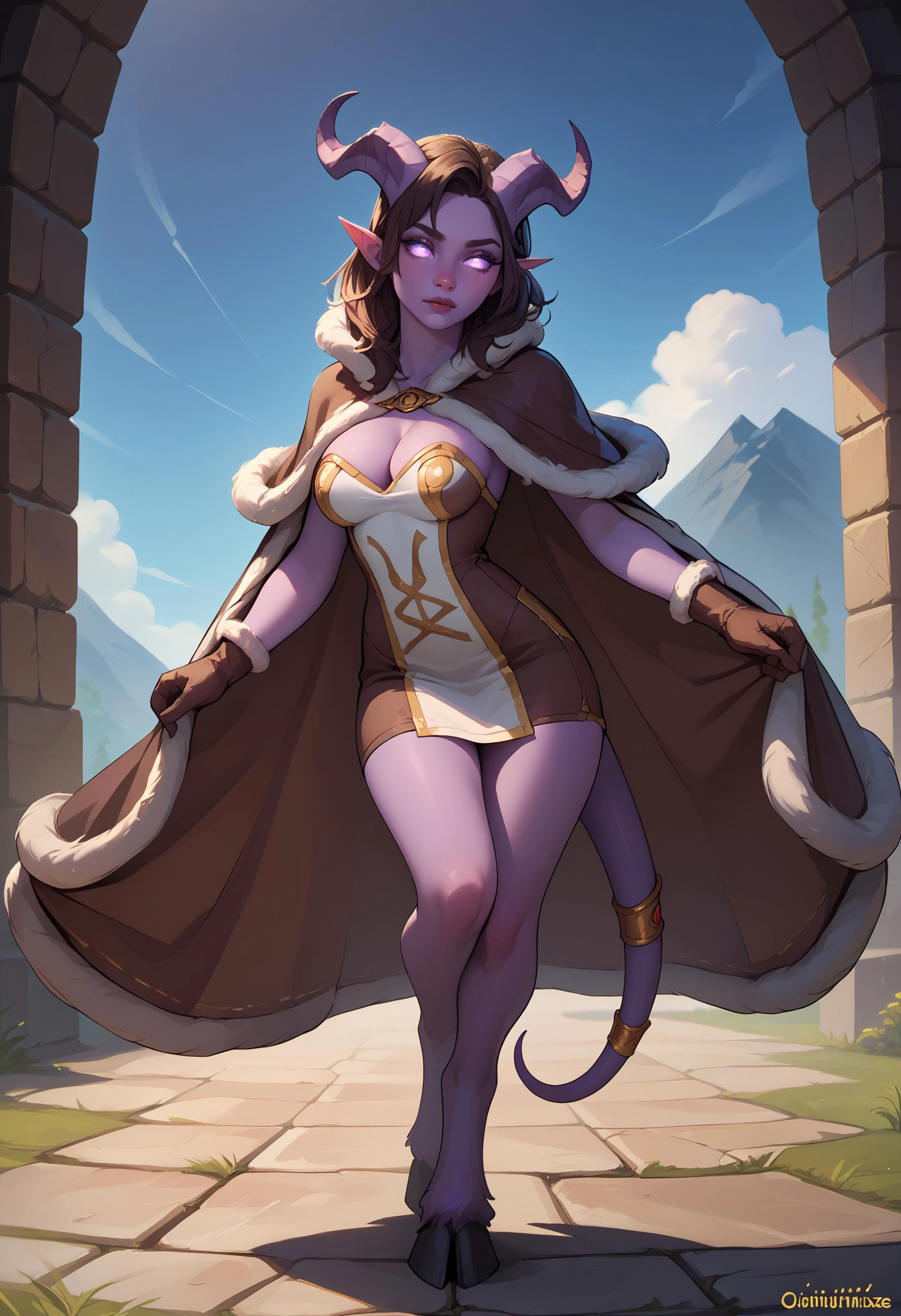 score_9, score_8_up, score_7_up BREAK <lora:draenei-wc-richy-v1_pdxl:0.8> drnei, horns, pointy ears, colored sclera, glowing eyes, colored skin, purple skin, hooves, tail, tail ornament <lora:attire_ro_highwizard_ponyXL:0.8> ragnarokhiwiz, fur trim, brown cape, fur-trimmed cape, short dress, two-tone dress, white dress, brown dress, strapless dress, cleavage, brown gloves, fur-trimmed gloves