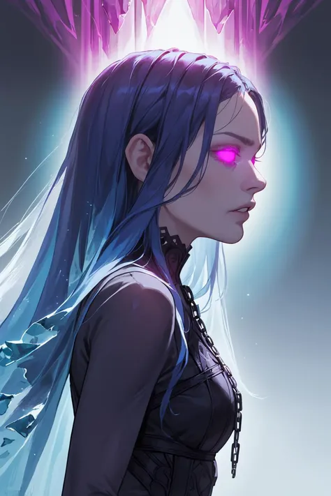 Close-up of an ethereal, pale-skinned young woman with long, straight, ice-blue hair and bangs covering her forehead. Her eyes are glowing magenta with dark, thin tears streaming down her cheeks, creating a ghostly, unsettling effect. She wears a high-neck, intricate, gothic-style black garment adorned with subtle chains, giving her a mysterious, dark allure. The background is an intense, radial pattern of magenta and deep purple rays emanating from behind her, adding a surreal and hypnotic feel. Her expression is blank, with slightly parted lips, enhancing the haunting, almost otherworldly aura. <lora:FluxMythP0rtr4itStyle:0.8> MythP0rt, <lora:aidmaMJ6.1-FLUX-V0.2:0.6> aidmaMJ6.1, <lora:sxz-Dark-Fantasy-v2-Flux:0.66> drkfnts style,, score_9, score_8_up, score_7_up, score_6_up, score_5_up, score_4_up, <lora:040790P:0.6> 040790P, woman, 24 years old,