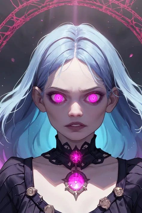 Close-up of an ethereal, pale-skinned young woman with long, straight, ice-blue hair and bangs covering her forehead. Her eyes are glowing magenta with dark, thin tears streaming down her cheeks, creating a ghostly, unsettling effect. She wears a high-neck, intricate, gothic-style black garment adorned with subtle chains, giving her a mysterious, dark allure. The background is an intense, radial pattern of magenta and deep purple rays emanating from behind her, adding a surreal and hypnotic feel. Her expression is blank, with slightly parted lips, enhancing the haunting, almost otherworldly aura. <lora:FluxMythP0rtr4itStyle:0.8> MythP0rt, <lora:aidmaMJ6.1-FLUX-V0.2:0.6> aidmaMJ6.1, <lora:sxz-Dark-Fantasy-v2-Flux:0.66> drkfnts style,, score_9, score_8_up, score_7_up, score_6_up, score_5_up, score_4_up, <lora:040790P:0.6> 040790P, woman, 24 years old,