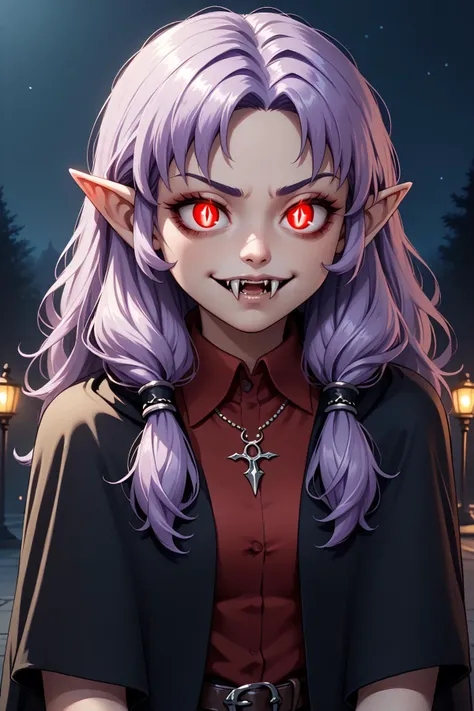 score_9, score_8_up, score_7_up BREAK 1girl, solo, <lora:NSFlorinaFE7:1> NSFlorinaMisc, light purple hair, long hair, parted bangs, low-tied sidelocks, vampire, fangs, red eyes, evil face, black cloak, red collared shirt, black pants, necklace, night, glowing eyes, pointy ears
