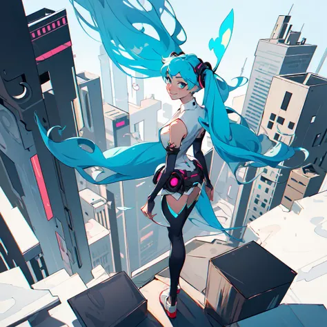 <lora:mikuappend-v1:1>, mikuappend, 1girl, bridal gauntlets, center opening, navel, white necktie, floating necktie, from behind, looking at viewer, looking over shoulder, closed mouth, smile, cityscape