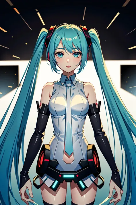 best quality, masterpiece, game cg, cinematic lighting,
<lora:mikuappend-v1:1:CHARALORA>, hatsune miku \(append\),
mikuappend, bridal gauntlets, center opening, navel, white necktie, floating necktie,
((thinking)), observing, cyber space, cyberpunk,