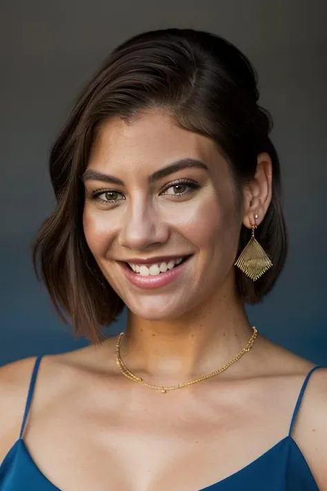Realistic photo of a beautiful l4ur3nc-v1 woman, 1girl, solo, looking at viewer, smile, brown hair, bare shoulders, jewelry, upper body, earrings, teeth, grin, lips, blue background, realistic, soft lighting, professional Photography, Photorealistic, detailed, RAW, analog, sharp focus, 8k, HD, DSLR, high quality, Fujifilm XT3, film grain, award winning, masterpiece<lora:l4ur3nc-v1:1.0>