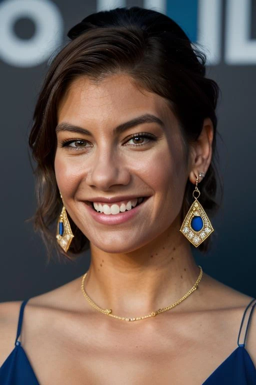 Realistic photo of a beautiful l4ur3nc-v1 woman, 1girl, solo, looking at viewer, smile, brown hair, bare shoulders, jewelry, upper body, earrings, teeth, grin, lips, blue background, realistic, soft lighting, professional Photography, Photorealistic, detailed, RAW, analog, sharp focus, 8k, HD, DSLR, high quality, Fujifilm XT3, film grain, award winning, masterpiece<lora:l4ur3nc-v1:1.0>
