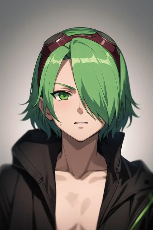 masterpiece, best quality, high quality, 1boy, solo, male focus, looking at viewer, upper body, <lora:lubbock:0.78>,lubbock, green hair, green eyes, hair over one eye, goggles on head, jacket,