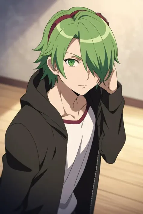 masterpiece, best quality, high quality, 1boy, solo, male focus, looking at viewer, upper body, <lora:lubbock:0.78>,lubbock, green hair, green eyes, hair over one eye, , jacket, <lora:animemix_v3_offset:0.50>