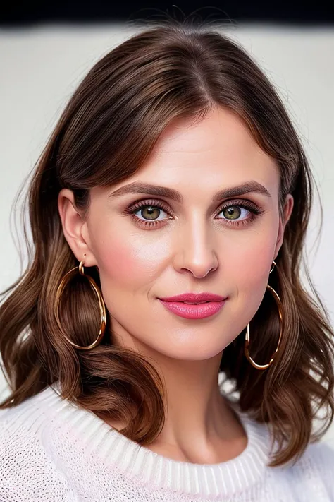 best quality portrait of (Ell13T4yl0r01-250:0.99), Curly caramel brown high ponytail hairstyle, (wearing a simple white sweater:1.3), in front of a (plain black studio backdrop:1.2), (masterpiece:1.5) (photorealistic:1.1) (bokeh) (best quality) (detailed skin texture pores hairs:1.1) (intricate) (8k) (HDR) (wallpaper) (cinematic lighting) (sharp focus), (earrings), (detailed pupils:1.3), ( Cotton Candy Pink lipstick:1.2)