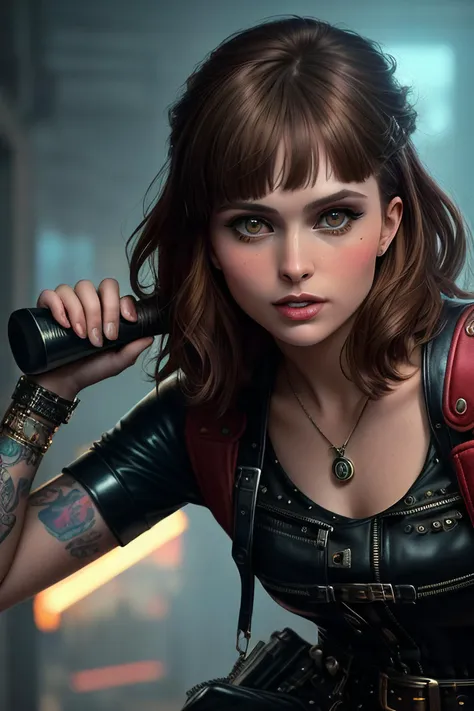 photo of (Ell13T4yl0r01-250:0.99), a woman as a sexy street punk in an (80s movie:1.2), modelshoot style, (extremely detailed CG unity 8k wallpaper), photo of the most beautiful artwork in the world, professional majestic oil painting by Ed Blinkey, Atey Ghailan, Studio Ghibli, by Jeremy Mann, Greg Manchess, Antonio Moro, trending on ArtStation, trending on CGSociety, Intricate, High Detail, Sharp focus, dramatic, photorealistic painting art by midjourney and greg rutkowski, (punk vintage leather outfit:1.2), ((punk outfit:1.2)), (long leather trousers),  ((vivid atmosphere:1.2)), ((political oppressive regime)), ((inspired by the world of h g wells:1.2)), ((dystopia)), (looking at viewer:1.2), (detailed pupils:1.3), ((closeup portrait:1.1)), ((holding a baseball bat:1.1))