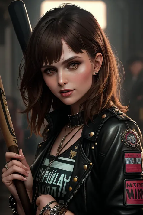 photo of (Ell13T4yl0r01-250:0.99), a woman as a sexy street punk in an (80s movie:1.2), modelshoot style, (extremely detailed CG unity 8k wallpaper), photo of the most beautiful artwork in the world, professional majestic oil painting by Ed Blinkey, Atey Ghailan, Studio Ghibli, by Jeremy Mann, Greg Manchess, Antonio Moro, trending on ArtStation, trending on CGSociety, Intricate, High Detail, Sharp focus, dramatic, photorealistic painting art by midjourney and greg rutkowski, (punk vintage leather outfit:1.2), ((punk outfit:1.2)), (long leather trousers), ((vivid atmosphere:1.2)), ((political oppressive regime)), ((inspired by the world of h g wells:1.2)), ((dystopia)), (looking at viewer:1.2), (detailed pupils:1.3), ((closeup portrait:1.1)), ((holding a baseball bat:1.1))