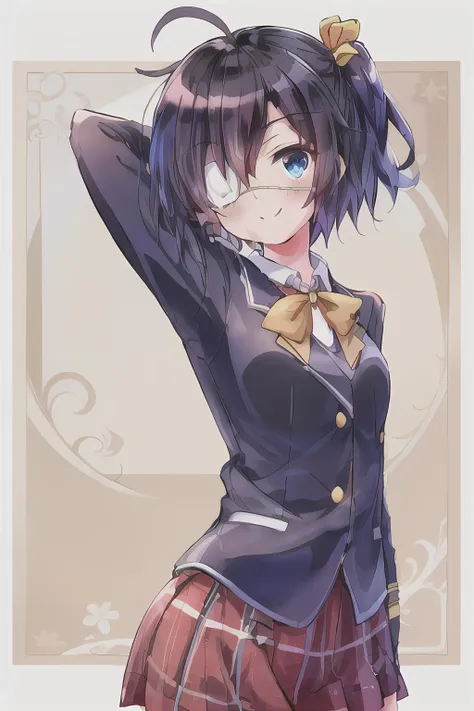 {{{masterpiece}}}, <lora:RikkaTakanashi:.7>, rikka takanashi, eyepatch, black hair, cowlick, blue eye, yellow ribbon, school uniform, upper body, smile, blush
<lora:art_by_iesupa_v1.0:0.7>