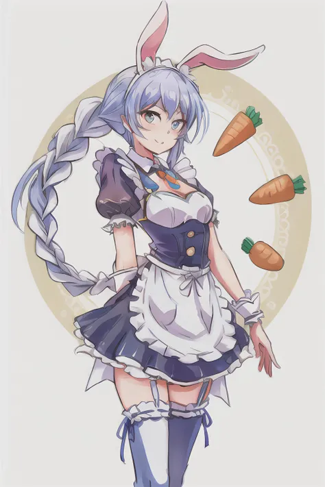 maid uniform, idol1, blue and white braided hair, carrots, amber eyes, bunny ears, <lora:usadaPekoraHololive9_v10:0.6>
<lora:art_by_iesupa_v1.0:.8>