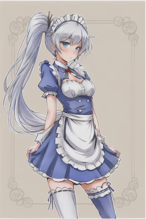 1girl, apron, blue_eyes, blush, long side ponytail, breasts, dress, earrings, enmaided, jewelry, long_hair, looking_at_viewer, maid, maid_apron, maid_headdress, medium_breasts, scar, scar_across_eye, scar_on_face, side_ponytail, solo, thighhighs, tiara, very_long_hair, weiss_schnee, white_hair <lora:art_by_iesupa_v1.0:0.7>
