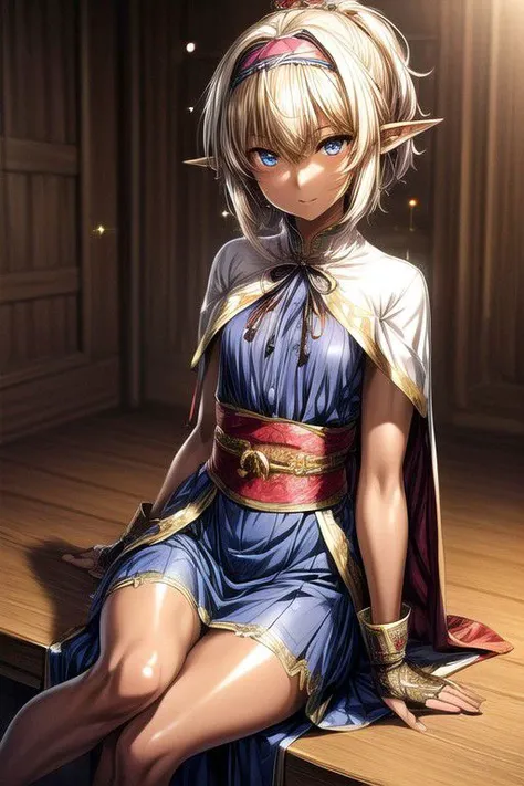 Nisei Muramasa, Nisei, 1girl, Small Breasts, (Short Hair), Messy hair, (Deep blue eyes),<lora:GoodHands-vanilla:1>blonde hair, Sitting down, Thinking Pose, Thinking, cinematic lighting, <lyco:lighting_loha:0.2>, (Covered Body), Ponytail, hairband, (Small), Long skirt, (blue dress, Long skirt, fur trim, armor, fingerless gloves, sash, brown boots, cape), happy smile,brown skin, dark skin, pointy ears, elf ears, ribbon, hairband, bangs, (masterpiece:1.1)intricate eyes,beautiful detailed eyes,symmetrical eyes, (dark-skinned female:1.2),  cute, dark skin, adorable, happy, (centered,scale to fit dimensions,Rule of thirds), (ultra detailed,extremely detailed),(photorealistic artwork:1.37),(extremely detailed CG unity 8k wallpaper),(((vibrant colors,vibrant theme))),(intricate),(masterpiece),(best quality), (((medieval man clothes, adventurer man clothing,winter coat))),(((intricate outfit,intricate clothes,embroidered outfit,ornate outfit,embroidered clothes,ornate clothes))), (dynamic pose:1.0),
(((lustrous skin:1.5,bright skin: 1.5,skin tanned,shiny skin,very shiny skin,shiny body,plastic glitter skin,exaggerated shiny skin,illuminated skin))),