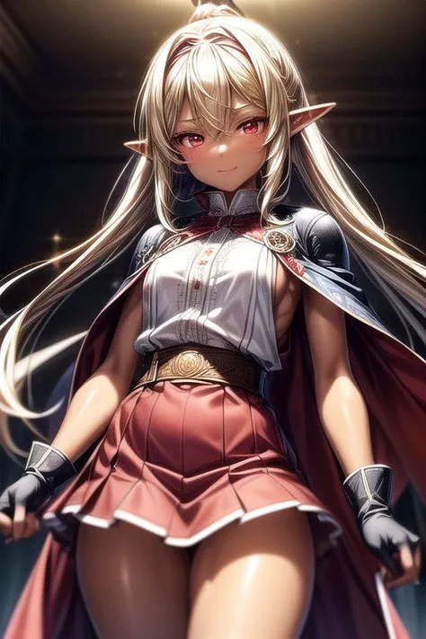 Chloe, 1girl, red plaid skirt, pony tail, Curly hair, (Red eyes),<lora:GoodHands-vanilla:1>blonde hair, Thinking Pose, Thinking, cinematic lighting, <lyco:lighting_loha:0.2>, (Covered Body), Ponytail, hairband, (Small), Long skirt, (blue dress, white buttoned shirt, fur trim, armor, fingerless gloves, sash, brown boots, cape), happy smile,brown skin, dark skin, pointy ears, elf ears, ribbon, hairband, bangs, (masterpiece:1.1)intricate eyes,beautiful detailed eyes,symmetrical eyes, (dark-skinned female:1.2), cute, dark skin, adorable, happy, (centered,scale to fit dimensions,Rule of thirds), (ultra detailed,extremely detailed),(photorealistic artwork:1.37),(extremely detailed CG unity 8k wallpaper),(((vibrant colors,vibrant theme))),(intricate),(masterpiece),(best quality), (((medieval man clothes, adventurer man clothing,winter coat))),(((intricate outfit,intricate clothes,embroidered outfit,ornate outfit,embroidered clothes,ornate clothes))), (dynamic pose:1.0),
(((lustrous skin:1.5,bright skin: 1.5,skin tanned,shiny skin,very shiny skin,shiny body,plastic glitter skin,exaggerated shiny skin,illuminated skin))),
