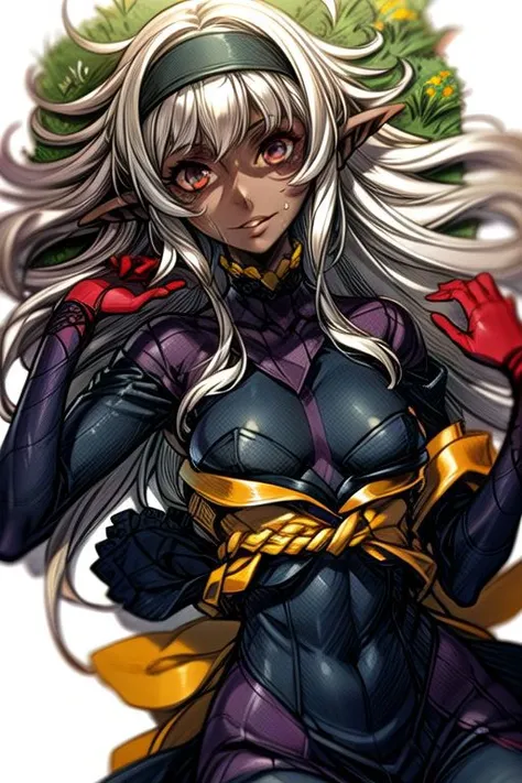 masterpiece, best quality,
1girl, solo, flower, hairband, dress, Purple eyes, Long hair, white hair, unruly hair, wavy hair, unkempt hair, parted bangs, smile, hydrangea, Skin suit, bodysuit, Pilot Suit, grass, ,(((vibrant colors,vibrant theme))), dynamic angle, Sitting, sweating, dark elf, pointy ears, , dark skin, dark skinned female, pointy ears, elf ears, long ears, smiling, gentle smile, showing teeth, ,long ears, Dark Skin, Dark Skin Female, upper body, lying down, lying on back