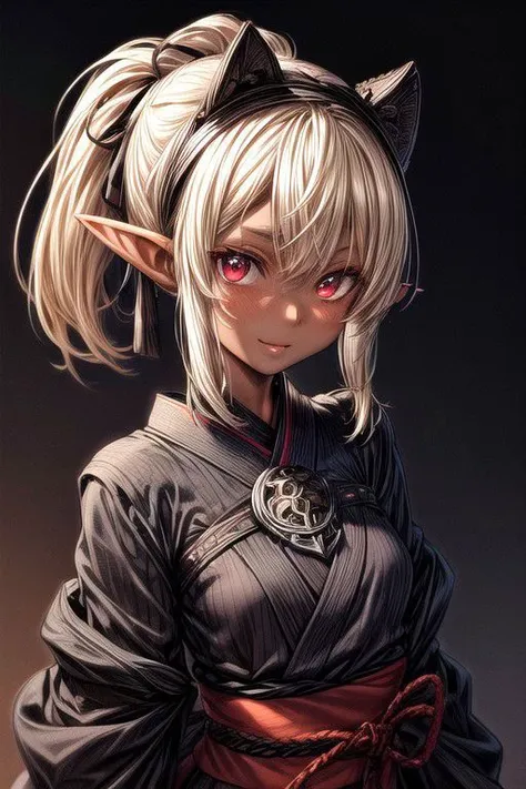 Chloe, 1girl,ponytail,red eyes,<lora:GoodHands-vanilla:1>, kimono,blonde hair, covered body, Ponytail, hairband, short sleeves,, upper body, sash,'Small Breasts', fully clothed, clothed, happy smile,brown skin, dark skin, pointy ears, elf ears, ribbon, hairband, bangs, bodysuit, pauldrons, armor, white elbow gloves(masterpiece:1.1)intricate eyes,beautiful detailed eyes,symmetrical eyes, (dark-skinned female:1.2), (glowing eyes:1) cute, dark skin, adorable, happy, (centered,scale to fit dimensions,Rule of thirds), (ultra detailed,extremely detailed),(photorealistic artwork:1.37),(extremely detailed CG unity 8k wallpaper),(((vibrant colors,vibrant theme))),(intricate),(masterpiece),(best quality), vanilla,