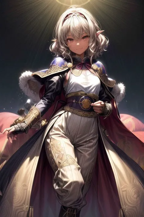 Nisei Muramasa, Nisei, 1girl, (Medium Hair, Curly hair), (Golden eyes),<lora:GoodHands-vanilla:1>blonde hair, Thinking Pose, Thinking, cinematic lighting, <lyco:lighting_loha:0.2>, (Covered Body), hairband, (Small), (Tight Pants, fur trim, armor, fingerless gloves, sash, brown boots, cape, Holding sword), Pants, happy smile,brown skin, dark skin, pointy ears, elf ears, ribbon, hairband, bangs, (masterpiece:1.1)intricate eyes,beautiful detailed eyes,symmetrical eyes, (dark-skinned female:1.2), cute, dark skin, adorable, happy, (centered,scale to fit dimensions,Rule of thirds), (ultra detailed,extremely detailed),(photorealistic artwork:1.37),(extremely detailed CG unity 8k wallpaper),(((vibrant colors,vibrant theme))),(intricate),(masterpiece),(best quality), (((medieval man clothes, adventurer man clothing,winter coat))),(((intricate outfit,intricate clothes,embroidered outfit,ornate outfit,embroidered clothes,ornate clothes, Ornate Pants))), (dynamic pose:1.0),
((( tanned,shiny skin,shiny body,exaggerated shiny skin,illuminated skin))),