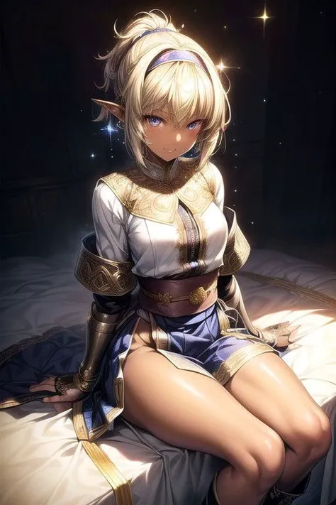 Nisei Muramasa, Nisei, 1girl, Short Hair, blue eyes,,<lora:GoodHands-vanilla:1>blonde hair, Sitting down, Thinking Pose, Thinking, cinematic lighting, <lyco:lighting_loha:0.2>, (Covered Body), Ponytail, hairband, (Small), Long skirt, (Long skirt, fur trim, armor, fingerless gloves, sash, brown boots), happy smile,brown skin, dark skin, pointy ears, elf ears, ribbon, hairband, bangs, (masterpiece:1.1)intricate eyes,beautiful detailed eyes,symmetrical eyes, (dark-skinned female:1.2),  cute, dark skin, adorable, happy, (centered,scale to fit dimensions,Rule of thirds), (ultra detailed,extremely detailed),(photorealistic artwork:1.37),(extremely detailed CG unity 8k wallpaper),(((vibrant colors,vibrant theme))),(intricate),(masterpiece),(best quality), (((medieval man clothes, adventurer man clothing,winter coat))),(((intricate outfit,intricate clothes,embroidered outfit,ornate outfit,embroidered clothes,ornate clothes))), (dynamic pose:1.0),
(((lustrous skin:1.5,bright skin: 1.5,skin tanned,shiny skin,very shiny skin,shiny body,plastic glitter skin,exaggerated shiny skin,illuminated skin))),