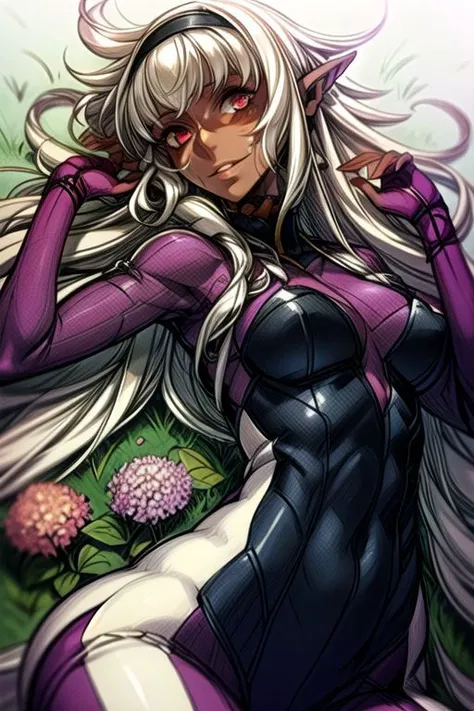 masterpiece, best quality,
1girl, solo, flower, hairband, dress, Purple eyes, Long hair, white hair, unruly hair, wavy hair, unkempt hair, parted bangs, smile, hydrangea, Skin suit, bodysuit, Pilot Suit, grass, ,(((vibrant colors,vibrant theme))), dynamic angle, Sitting, sweating, dark elf, pointy ears, , dark skin, dark skinned female, pointy ears, elf ears, long ears, smiling, gentle smile, showing teeth, ,long ears, Dark Skin, Dark Skin Female, upper body, lying down, lying on back