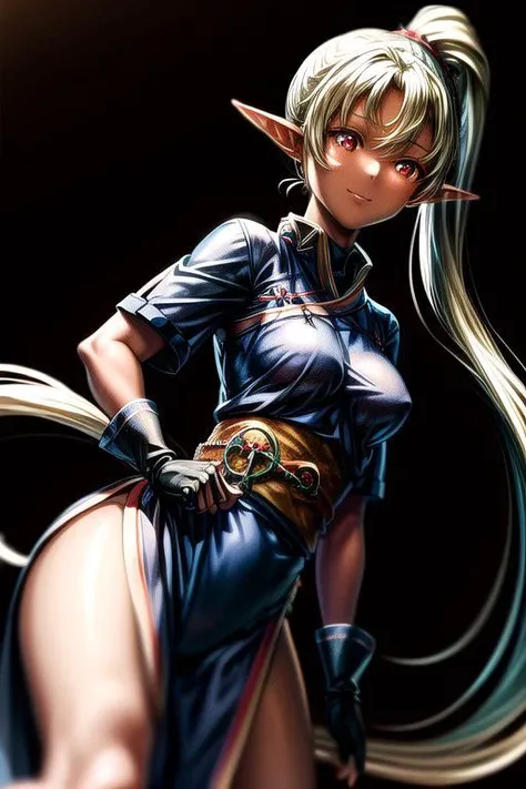 Chloe, 1girl,ponytail,red eyes,<lora:GoodHands-vanilla:1>,Setsuna_Yashahime, kimono,blonde hair, defaultLyn, blue dress, pelvic curtain, sash, fingerless gloves, brown boots),<lora:Chole-10:0.8>, (Covered Body), Ponytail, hairband, (Small),sash, fully clothed, clothed, happy smile,brown skin, dark skin, pointy ears, elf ears, ribbon, hairband, bangs, dynamic pose, (Bodysuit, pauldrons, armor) (masterpiece:1.1)intricate eyes,beautiful detailed eyes,symmetrical eyes, (dark-skinned female:1.2), (glowing eyes:1) cute, dark skin, adorable, happy, (centered,scale to fit dimensions,Rule of thirds), (ultra detailed,extremely detailed),(photorealistic artwork:1.37),(extremely detailed CG unity 8k wallpaper),(((vibrant colors,vibrant theme))),(intricate),(masterpiece),(best quality), depth_of_field, (dynamic angle)