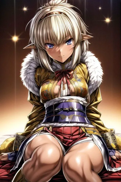 Nisei Muramasa, Nisei, 1girl, Small, (Short Hair), Messy hair, (Deep blue eyes),<lora:GoodHands-vanilla:1>blonde hair, Sitting down, Thinking Pose, Thinking, cinematic lighting, <lyco:lighting_loha:0.2>, (Covered Body), Ponytail, hairband, (Small), Long skirt, (Long skirt, fur trim, armor, fingerless gloves, sash, brown boots), happy smile,brown skin, dark skin, pointy ears, elf ears, ribbon, hairband, bangs, (masterpiece:1.1)intricate eyes,beautiful detailed eyes,symmetrical eyes, (dark-skinned female:1.2), cute, dark skin, adorable, happy, (centered,scale to fit dimensions,Rule of thirds), (ultra detailed,extremely detailed),(photorealistic artwork:1.37),(extremely detailed CG unity 8k wallpaper),(((vibrant colors,vibrant theme))),(intricate),(masterpiece),(best quality), (((medieval man clothes, adventurer man clothing,winter coat))),(((intricate outfit,intricate clothes,embroidered outfit,ornate outfit,embroidered clothes,ornate clothes))), (dynamic pose:1.0),
(((lustrous skin:1.5,bright skin: 1.5,skin tanned,shiny skin,very shiny skin,shiny body,plastic glitter skin,exaggerated shiny skin,illuminated skin))),