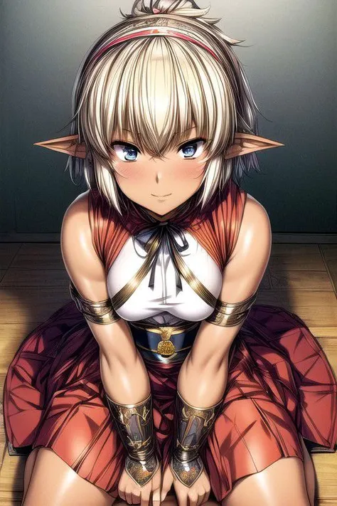 Nisei Muramasa, Nisei, 1girl, Small, (Short Hair), Messy hair, (Deep blue eyes),<lora:GoodHands-vanilla:1>blonde hair, Sitting down, Thinking Pose, Thinking, cinematic lighting, <lyco:lighting_loha:0.2>, (Covered Body), Ponytail, hairband, (Small), Long skirt, (Long skirt, fur trim, armor, fingerless gloves, sash, brown boots), happy smile,brown skin, dark skin, pointy ears, elf ears, ribbon, hairband, bangs, (masterpiece:1.1)intricate eyes,beautiful detailed eyes,symmetrical eyes, (dark-skinned female:1.2),  cute, dark skin, adorable, happy, (centered,scale to fit dimensions,Rule of thirds), (ultra detailed,extremely detailed),(photorealistic artwork:1.37),(extremely detailed CG unity 8k wallpaper),(((vibrant colors,vibrant theme))),(intricate),(masterpiece),(best quality), (((medieval man clothes, adventurer man clothing,winter coat))),(((intricate outfit,intricate clothes,embroidered outfit,ornate outfit,embroidered clothes,ornate clothes))), (dynamic pose:1.0),
(((lustrous skin:1.5,bright skin: 1.5,skin tanned,shiny skin,very shiny skin,shiny body,plastic glitter skin,exaggerated shiny skin,illuminated skin))),