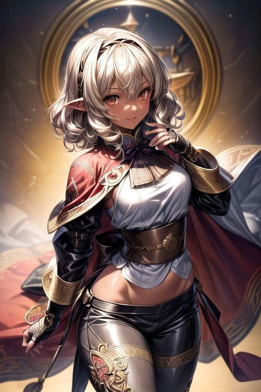 Nisei Muramasa, Nisei, 1girl, (Medium Hair, Curly hair), (Golden eyes),<lora:GoodHands-vanilla:1>blonde hair, Thinking Pose, Thinking, cinematic lighting, <lyco:lighting_loha:0.2>, (Covered Body), hairband, (Small), (Tight Pants, fur trim, armor, fingerless gloves, sash, brown boots, cape), Pants, happy smile,brown skin, dark skin, pointy ears, elf ears, ribbon, hairband, bangs, (masterpiece:1.1)intricate eyes,beautiful detailed eyes,symmetrical eyes, (dark-skinned female:1.2), cute, dark skin, adorable, happy, (centered,scale to fit dimensions,Rule of thirds), (ultra detailed,extremely detailed),(photorealistic artwork:1.37),(extremely detailed CG unity 8k wallpaper),(((vibrant colors,vibrant theme))),(intricate),(masterpiece),(best quality), (((medieval man clothes, adventurer man clothing,winter coat))),(((intricate outfit,intricate clothes,embroidered outfit,ornate outfit,embroidered clothes,ornate clothes, Ornate Pants))), (dynamic pose:1.0),
((( tanned,shiny skin,shiny body,exaggerated shiny skin,illuminated skin))),