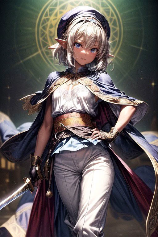 Nisei Muramasa, Nisei, 1girl, (Medium Hair, Diadem), (Blue eyes),<lora:GoodHands-vanilla:1>blonde hair, Thinking Pose, Thinking, cinematic lighting, <lyco:lighting_loha:0.2>, (Covered Body), (Small), (Tight Pants, armor, fingerless gloves, sash, brown boots, cape, Holding Sword, Ornate Sword, Jeweled Sword), Pants, happy smile,brown skin, dark skin, pointy ears, elf ears, ribbon, hairband, bangs, (masterpiece:1.1)intricate eyes,beautiful detailed eyes,symmetrical eyes, (dark-skinned female:1.2), cute, dark skin, adorable, happy, (centered,scale to fit dimensions,Rule of thirds), (ultra detailed,extremely detailed),(photorealistic artwork:1.37),(extremely detailed CG unity 8k wallpaper),(((vibrant colors,vibrant theme))),(intricate),(masterpiece),(best quality), (((medieval man clothes, adventurer man clothing, Medieval Hat))),(((intricate outfit,intricate clothes,embroidered outfit,ornate outfit,embroidered clothes,ornate clothes, Ornate Pants))), (dynamic pose:1.0),
(((skin tanned,shiny skin,very shiny skin,shiny body,plastic glitter skin,exaggerated shiny skin,illuminated skin))),