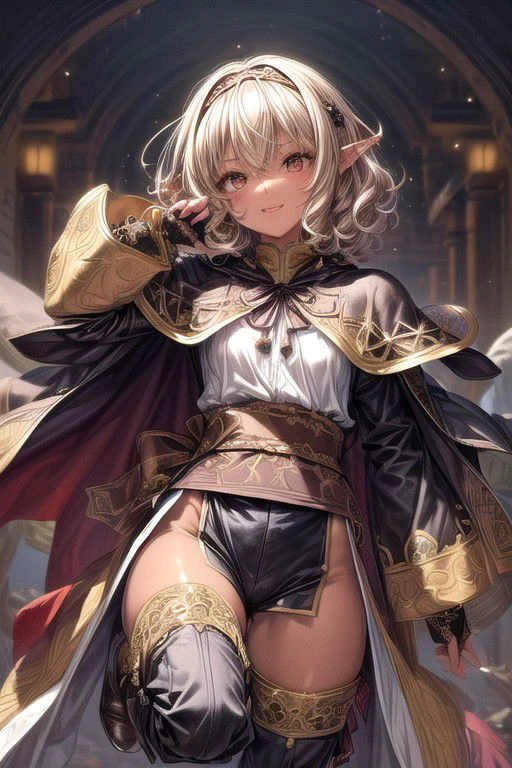 Nisei Muramasa, Nisei, 1girl, (Medium Hair, Curly hair), (Golden eyes),<lora:GoodHands-vanilla:1>blonde hair, Thinking Pose, Thinking, cinematic lighting, <lyco:lighting_loha:0.2>, (Covered Body), hairband, (Small), (Tight Pants, fur trim, armor, fingerless gloves, sash, brown boots, cape), Pants, happy smile,brown skin, dark skin, pointy ears, elf ears, ribbon, hairband, bangs, (masterpiece:1.1)intricate eyes,beautiful detailed eyes,symmetrical eyes, (dark-skinned female:1.2), cute, dark skin, adorable, happy, (centered,scale to fit dimensions,Rule of thirds), (ultra detailed,extremely detailed),(photorealistic artwork:1.37),(extremely detailed CG unity 8k wallpaper),(((vibrant colors,vibrant theme))),(intricate),(masterpiece),(best quality), (((medieval man clothes, adventurer man clothing,winter coat))),(((intricate outfit,intricate clothes,embroidered outfit,ornate outfit,embroidered clothes,ornate clothes, Ornate Pants))), (dynamic pose:1.0),
((( tanned,shiny skin,shiny body,exaggerated shiny skin,illuminated skin))),