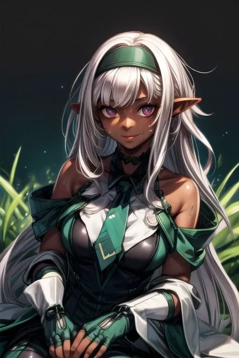 masterpiece, best quality, 
1girl, solo, flower, hairband, dress, Purple eyes, Long hair, white hair, unruly hair, wavy hair, unkempt hair, parted bangs, smile, hydrangea, Skin suit, bodysuit, grass, ,(((vibrant colors,vibrant theme))), dynamic angle, Sitting, sweating, dark elf, pointy ears, , dark skin, dark skinned female, pointy ears, elf ears, long ears, smiling, gentle smile, showing teeth, ,long ears, Dark Skin, Dark Skin Female, upper body, green bodysuit,green necktie,choker,see-through,fingerless gloves,clothes writing,mechanical parts,white gloves