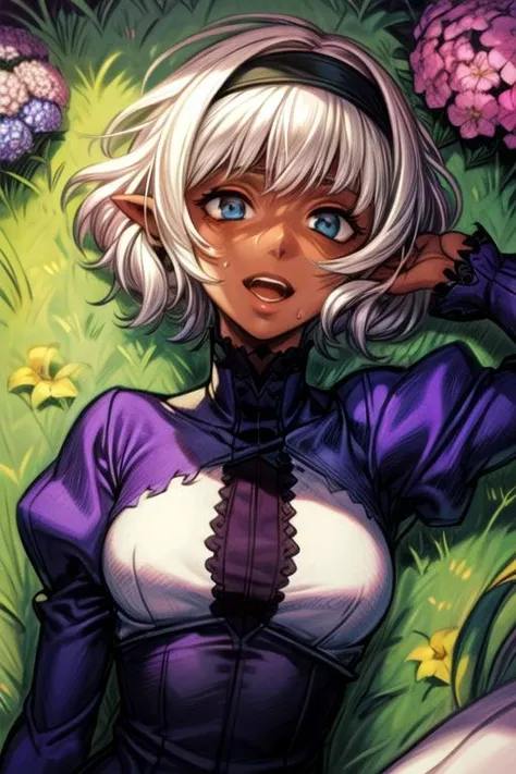 masterpiece, best quality, 
1girl, solo, flower, hairband, dress, blue eyes, bob cut, short hair, white hair, blunt bangs, smile, bangs, hydrangea, puffy sleeves, curtsey, shoes, juliet sleeves, long sleeves, grass, ,(((vibrant colors,vibrant theme))), dynamic angle, laughing, open mouth, from above, lying on back, on back, sweating, dark elf, pointy ears, fitness, toned body, tomboy, dark skin, dark skinned female, pointy ears, elf ears, Upper Body, long ears