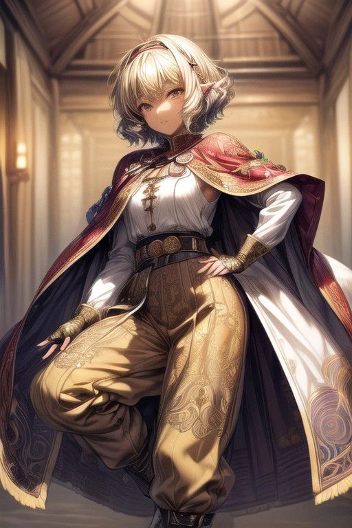 Nisei Muramasa, Nisei, 1girl, (Short Hair, Curly hair), (Golden eyes),<lora:GoodHands-vanilla:1>blonde hair, Thinking Pose, Thinking, cinematic lighting, <lyco:lighting_loha:0.2>, (Covered Body), hairband, (Small), (Tight Pants, fur trim, armor, fingerless gloves, sash, brown boots, cape), happy smile,brown skin, dark skin, pointy ears, elf ears, ribbon, hairband, bangs, (masterpiece:1.1)intricate eyes,beautiful detailed eyes,symmetrical eyes, (dark-skinned female:1.2), cute, dark skin, adorable, happy, (centered,scale to fit dimensions,Rule of thirds), (ultra detailed,extremely detailed),(photorealistic artwork:1.37),(extremely detailed CG unity 8k wallpaper),(((vibrant colors,vibrant theme))),(intricate),(masterpiece),(best quality), (((medieval man clothes, adventurer man clothing,winter coat))),(((intricate outfit,intricate clothes,embroidered outfit,ornate outfit,embroidered clothes,ornate clothes, Ornate Pants))), (dynamic pose:1.0),