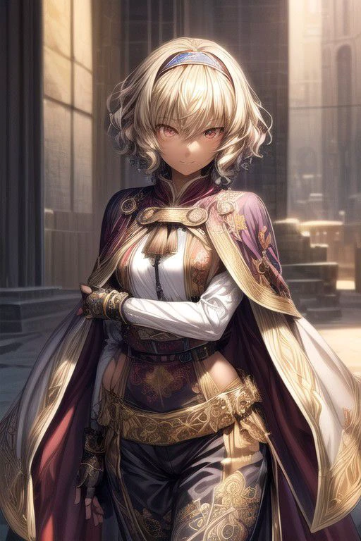 Nisei Muramasa, Nisei, 1girl, (Short Hair, Curly hair), (Golden eyes),<lora:GoodHands-vanilla:1>blonde hair, Thinking Pose, Thinking, cinematic lighting, <lyco:lighting_loha:0.2>, (Covered Body), hairband, (Small), (Tight Pants, fur trim, armor, fingerless gloves, sash, brown boots, cape), happy smile,brown skin, dark skin, pointy ears, elf ears, ribbon, hairband, bangs, (masterpiece:1.1)intricate eyes,beautiful detailed eyes,symmetrical eyes, (dark-skinned female:1.2), cute, dark skin, adorable, happy, (centered,scale to fit dimensions,Rule of thirds), (ultra detailed,extremely detailed),(photorealistic artwork:1.37),(extremely detailed CG unity 8k wallpaper),(((vibrant colors,vibrant theme))),(intricate),(masterpiece),(best quality), (((medieval man clothes, adventurer man clothing,winter coat))),(((intricate outfit,intricate clothes,embroidered outfit,ornate outfit,embroidered clothes,ornate clothes, Ornate Pants))), (dynamic pose:1.0),