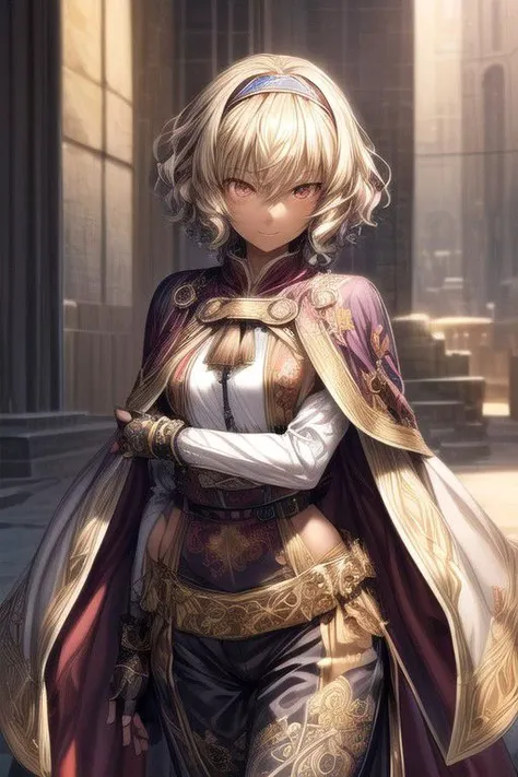 Nisei Muramasa, Nisei, 1girl, (Short Hair, Curly hair), (Golden eyes),<lora:GoodHands-vanilla:1>blonde hair, Thinking Pose, Thinking, cinematic lighting, <lyco:lighting_loha:0.2>, (Covered Body), hairband, (Small), (Tight Pants, fur trim, armor, fingerless gloves, sash, brown boots, cape), happy smile,brown skin, dark skin, pointy ears, elf ears, ribbon, hairband, bangs, (masterpiece:1.1)intricate eyes,beautiful detailed eyes,symmetrical eyes, (dark-skinned female:1.2),  cute, dark skin, adorable, happy, (centered,scale to fit dimensions,Rule of thirds), (ultra detailed,extremely detailed),(photorealistic artwork:1.37),(extremely detailed CG unity 8k wallpaper),(((vibrant colors,vibrant theme))),(intricate),(masterpiece),(best quality), (((medieval man clothes, adventurer man clothing,winter coat))),(((intricate outfit,intricate clothes,embroidered outfit,ornate outfit,embroidered clothes,ornate clothes, Ornate Pants))), (dynamic pose:1.0),