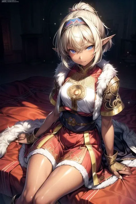 Nisei Muramasa, Nisei, 1girl, Short Hair, blue eyes,,<lora:GoodHands-vanilla:1>blonde hair, Sitting down, Thinking Pose, Thinking, cinematic lighting, <lyco:lighting_loha:0.2>, (Covered Body), Ponytail, hairband, (Small), Long skirt, (Long skirt, fur trim, armor, fingerless gloves, sash, brown boots), happy smile,brown skin, dark skin, pointy ears, elf ears, ribbon, hairband, bangs, (masterpiece:1.1)intricate eyes,beautiful detailed eyes,symmetrical eyes, (dark-skinned female:1.2),  cute, dark skin, adorable, happy, (centered,scale to fit dimensions,Rule of thirds), (ultra detailed,extremely detailed),(photorealistic artwork:1.37),(extremely detailed CG unity 8k wallpaper),(((vibrant colors,vibrant theme))),(intricate),(masterpiece),(best quality), (((medieval man clothes, adventurer man clothing,winter coat))),(((intricate outfit,intricate clothes,embroidered outfit,ornate outfit,embroidered clothes,ornate clothes))), (dynamic pose:1.0),
(((lustrous skin:1.5,bright skin: 1.5,skin tanned,shiny skin,very shiny skin,shiny body,plastic glitter skin,exaggerated shiny skin,illuminated skin))),